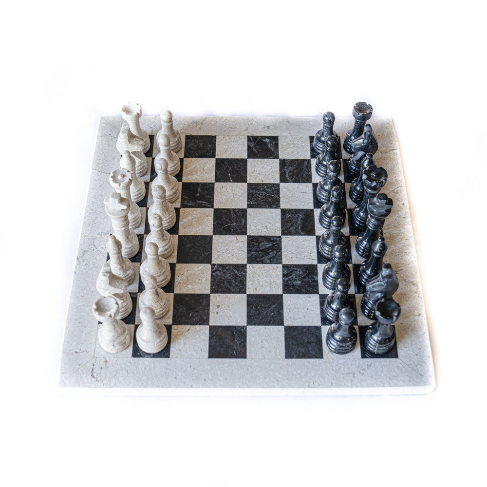 Black and White Marble Coral Chess Set - White Coral Border 12"