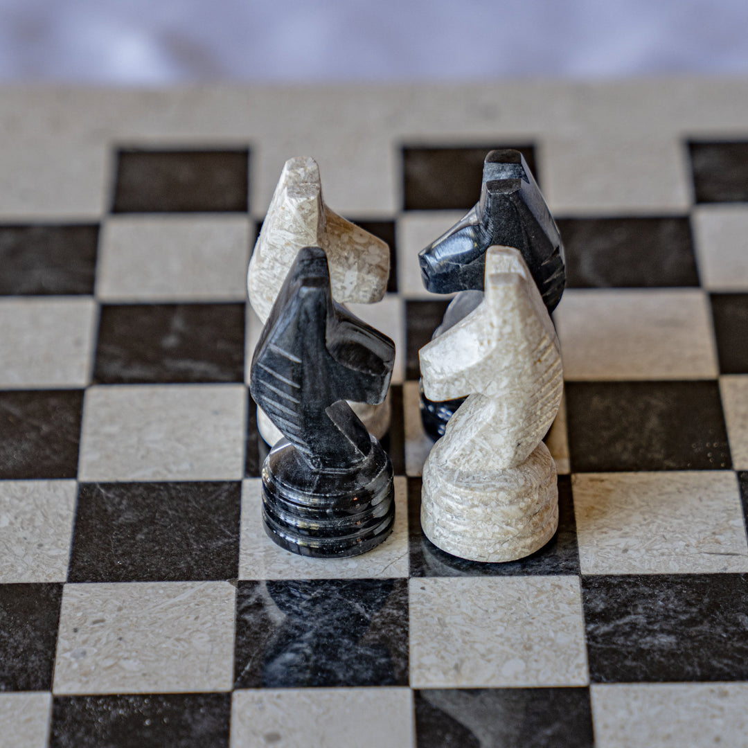 Black and White Marble Coral Chess Set - White Coral Border 12"