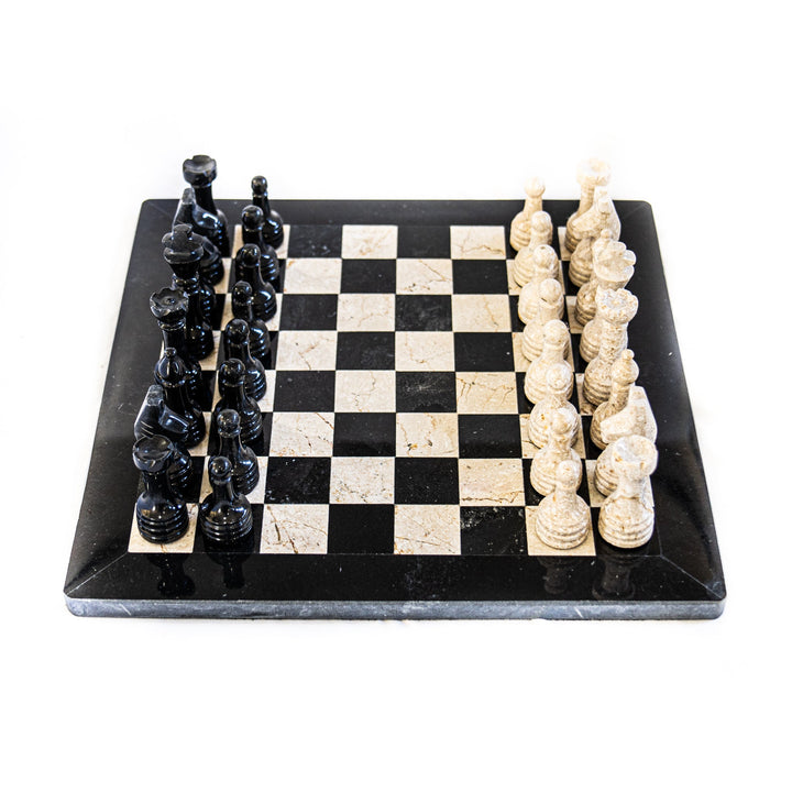 Large Marble Black and White Coral Chess Set - White Coral Border - 16"