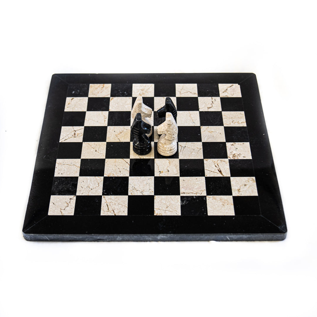 Large Marble Black and White Coral Chess Set - White Coral Border - 16"