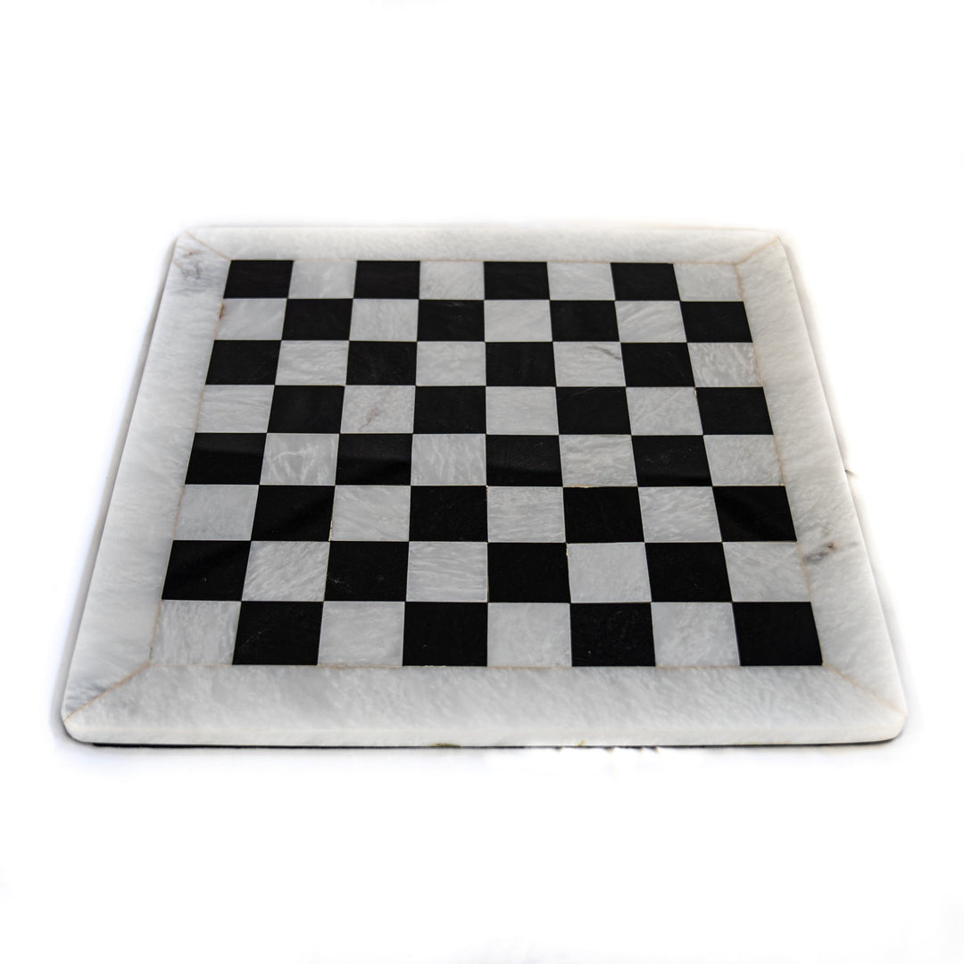 Large White and Black Marble Chess Set with Elegant Pieces - White Border- 16"