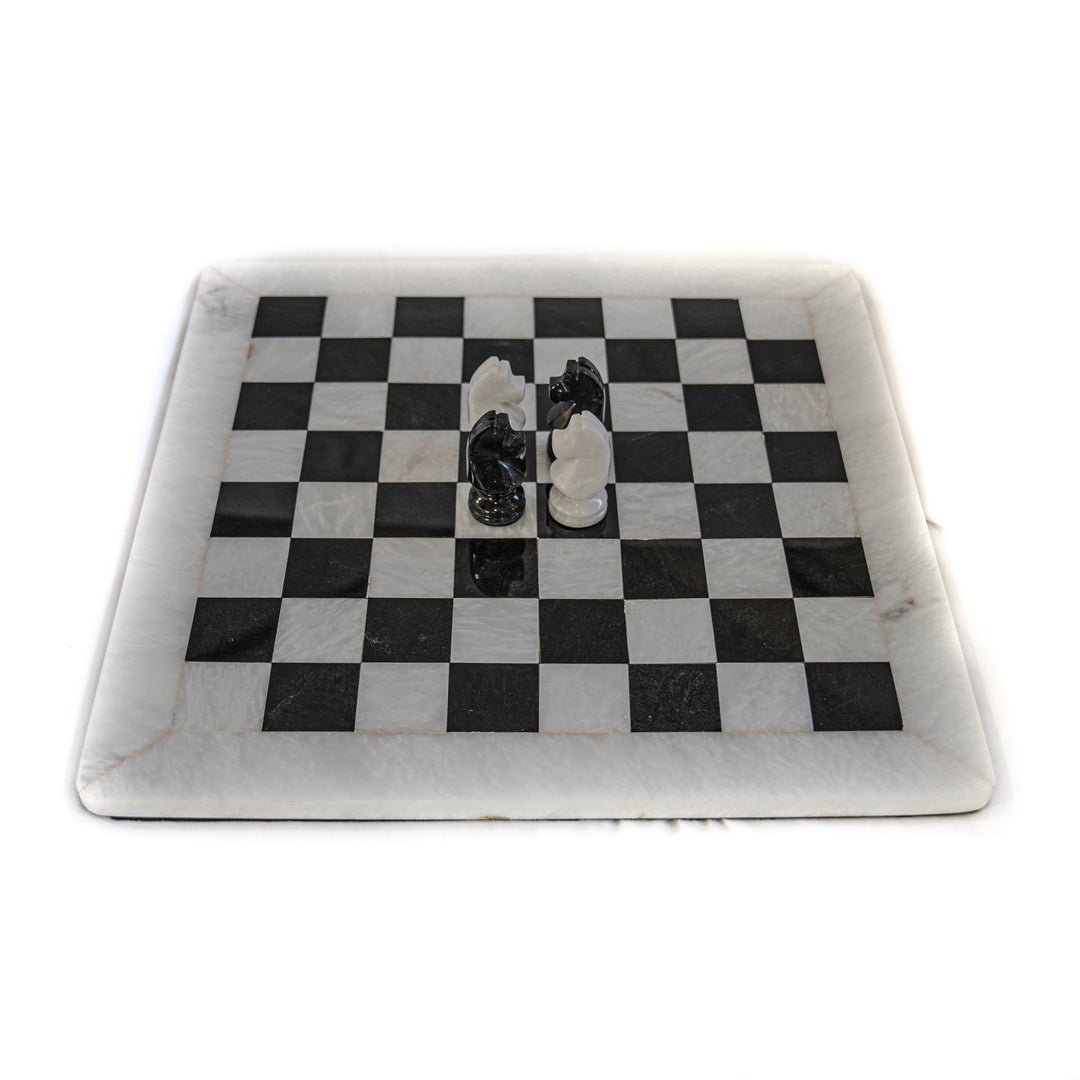 Large White and Black Marble Chess Set with Elegant Pieces - White Border- 16"