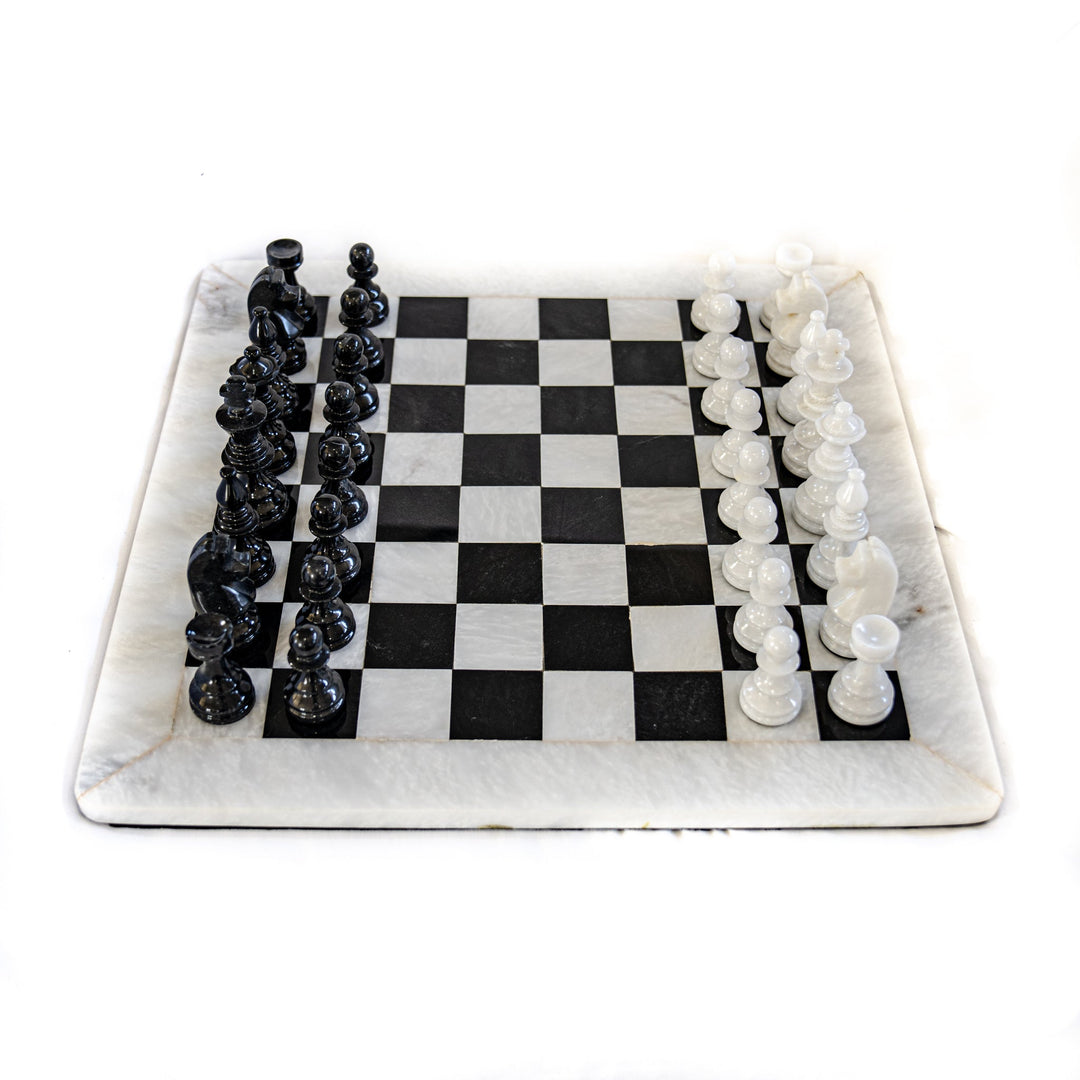 Large White and Black Marble Chess Set with Elegant Pieces - White Border- 16"