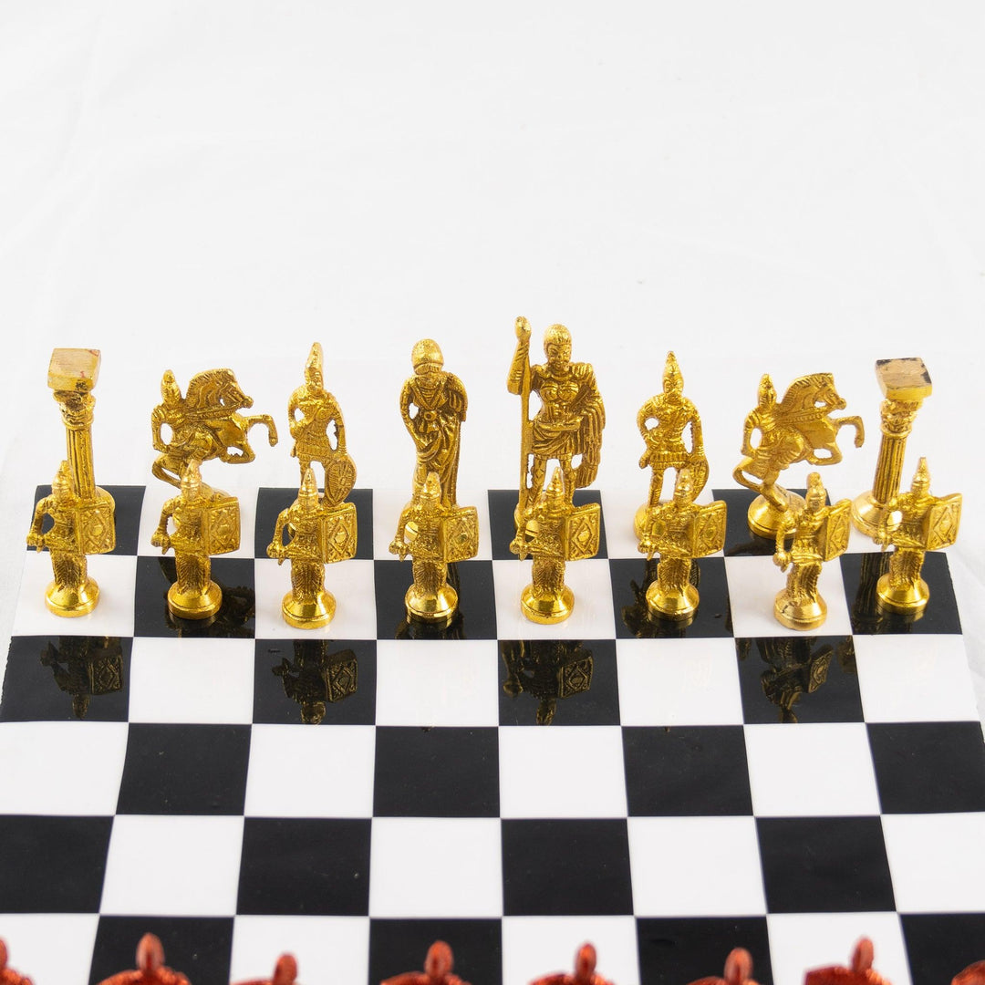 Brass Metal Black and White Roman Chess Set with Red and Gold Pieces - 12"