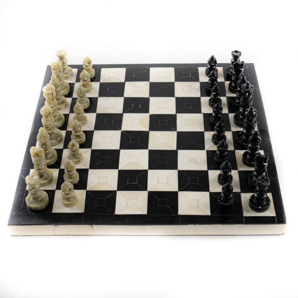 Handcrafted Black and Coral Bone Chess Set – 12"