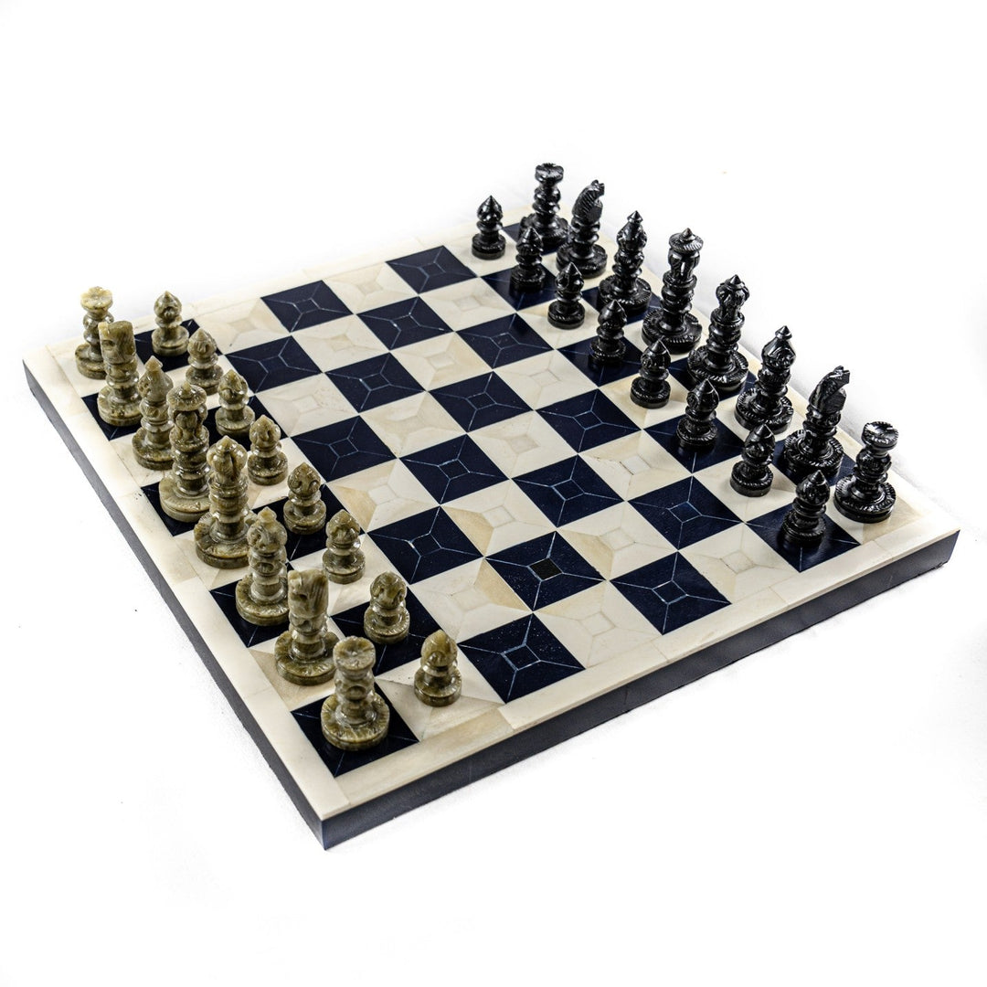 Handcrafted Black and White Bone Chess Set – 12"