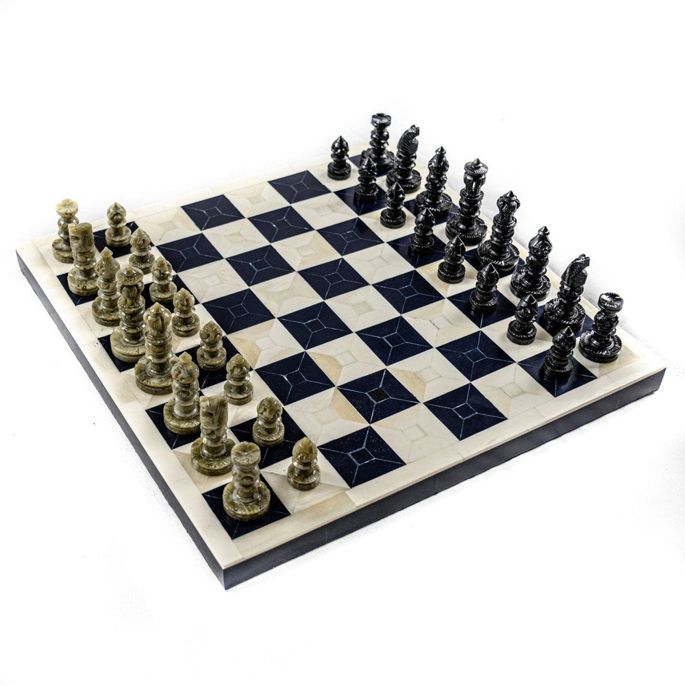 Handcrafted Black and White Bone Chess Set – 20"