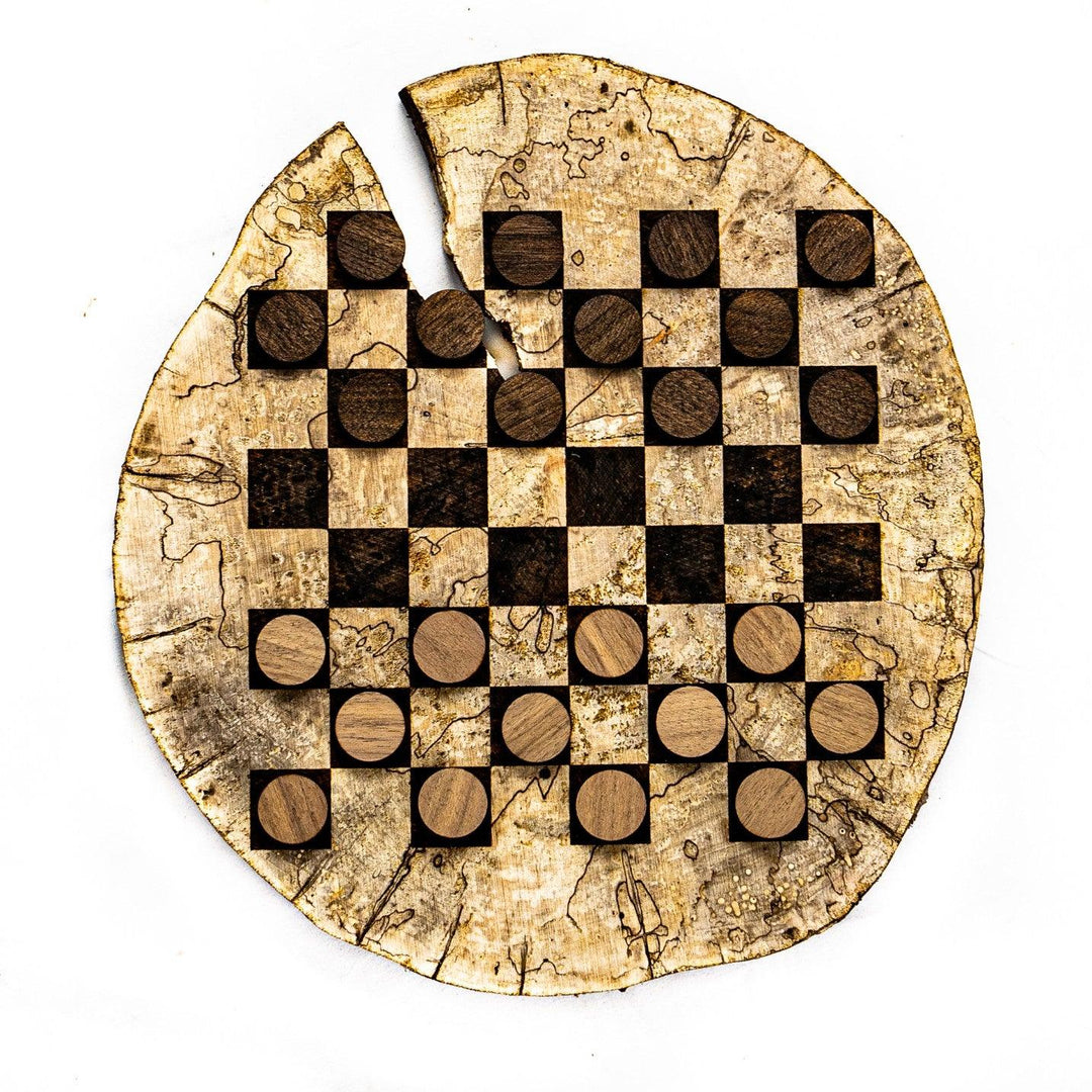 Artisan-Crafted Wood Checkers Set - Spalted Maple Wood Slice- 12"