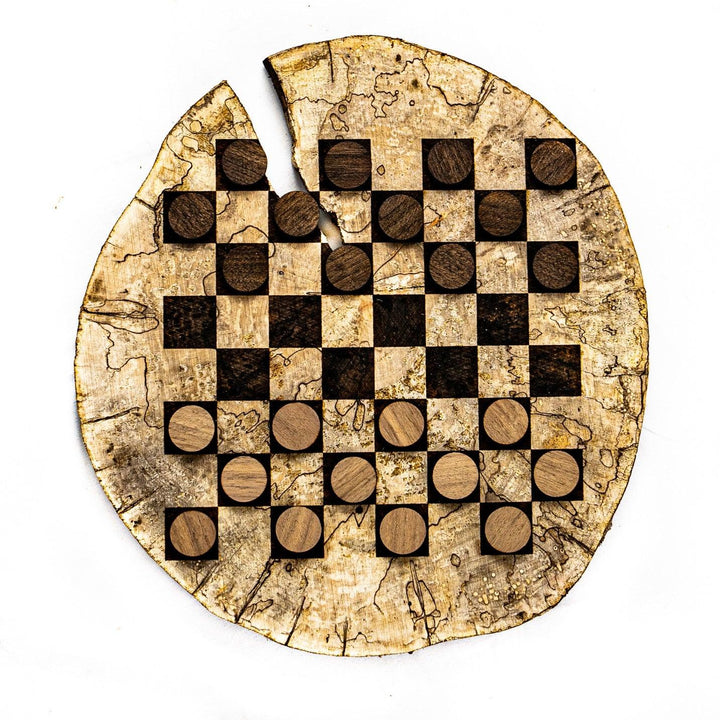 Artisan-Crafted Wood Checkers Set - Spalted Maple Wood Slice- 12"