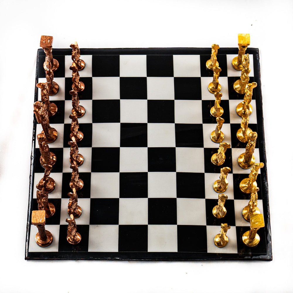 Brass Chess Set- Roman Style Black and White Board- Black Border- 12"