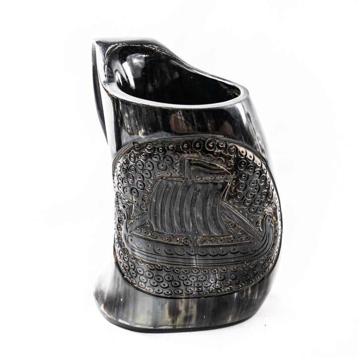 Viking Ship Etched Horn Mug - 16-24 Fl Oz - Handcrafted from Cow Horn