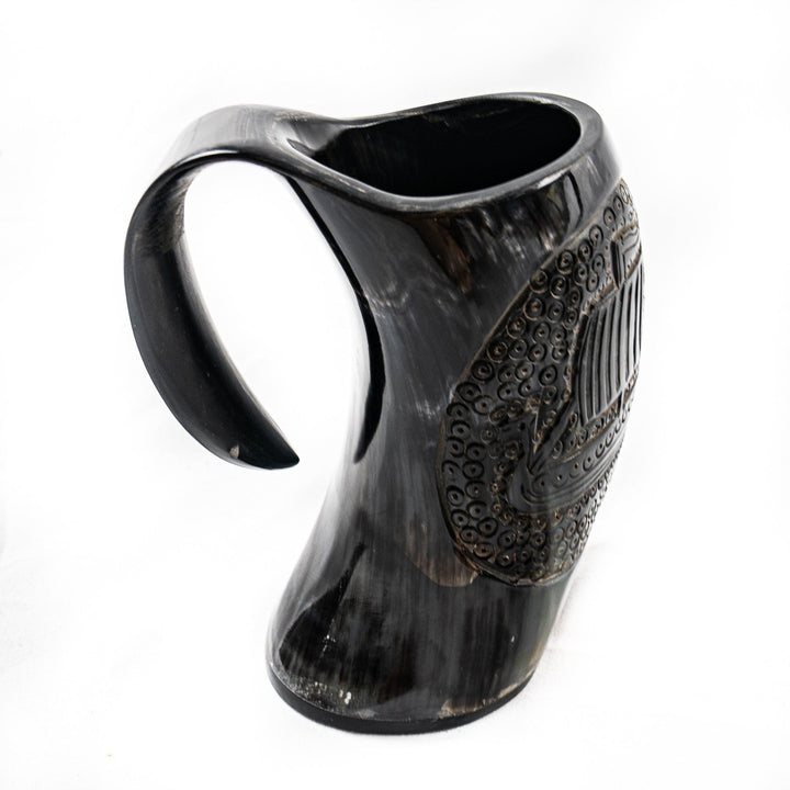 Viking Ship Etched Horn Mug - 16-24 Fl Oz - Handcrafted from Cow Horn