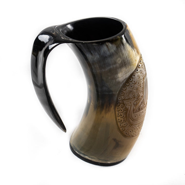 Viking Ship Etched Horn Mug - 16-24 Fl Oz - Handcrafted from Cow Horn