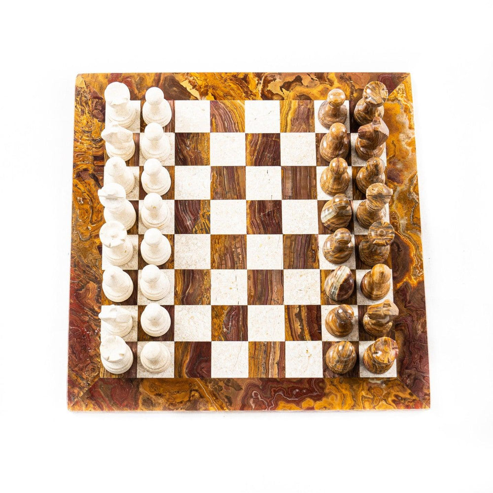 White Coral and Red Marble Chess Set - 12" with Fancy Pieces