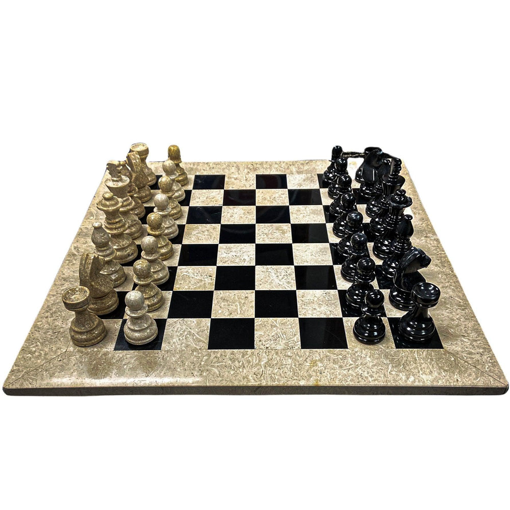 Large Marble Black and White Coral Chess Set - White Border - 16"