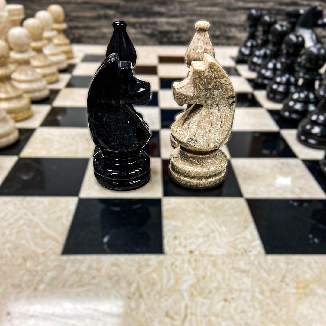 Large Marble Black and White Coral Chess Set - White Border - 16"