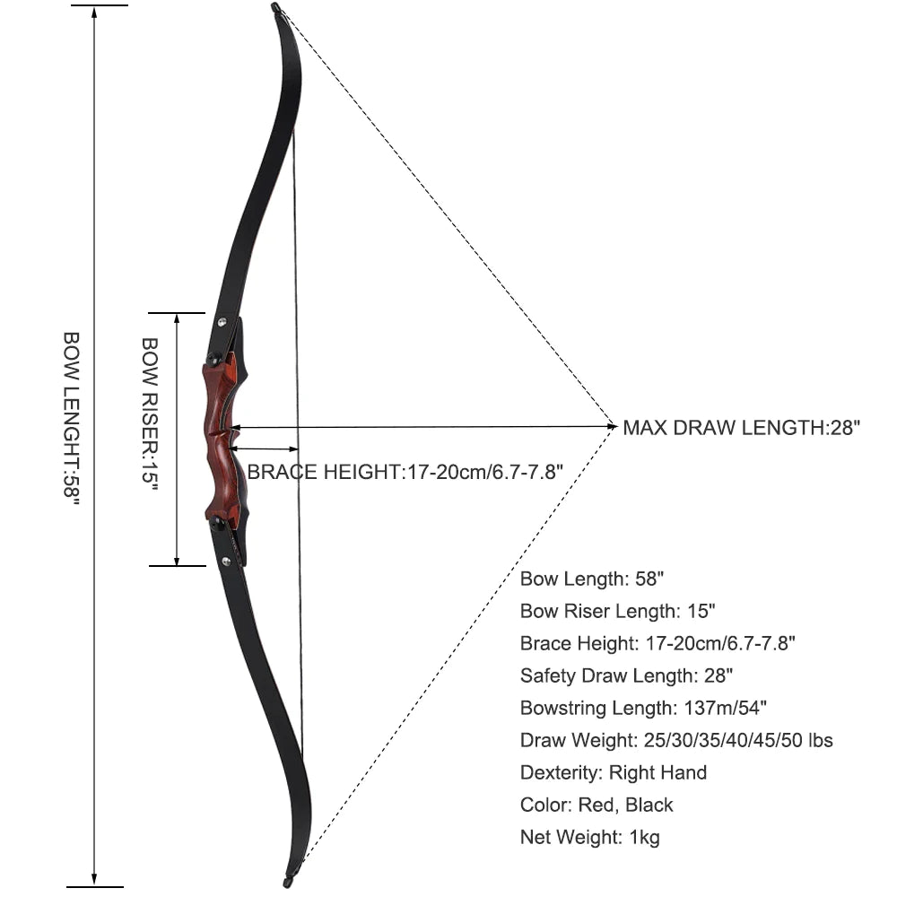 Wood Laminated Recurve Bow - 25-50lbs Draw Weight Range