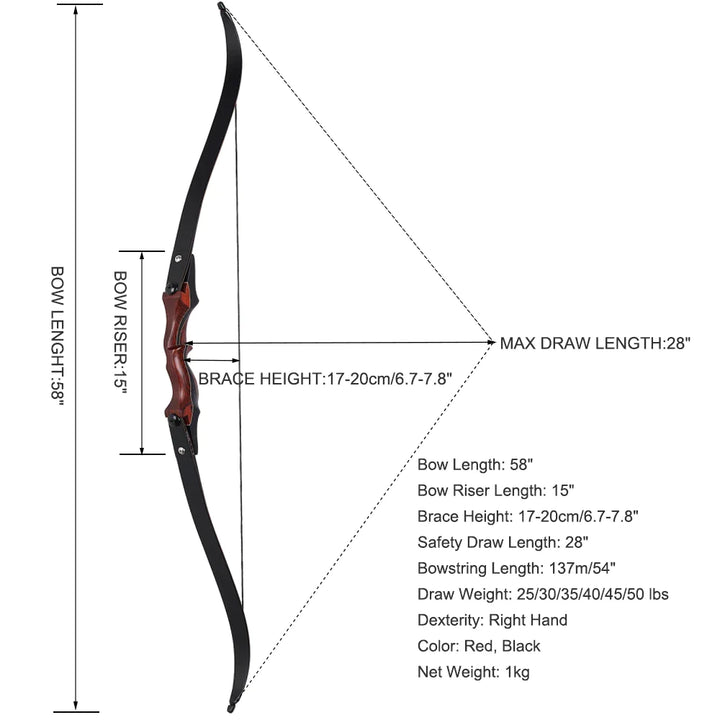 Wood Laminated Recurve Bow - 25-50lbs Draw Weight Range