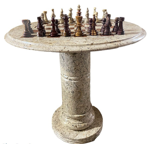 Marble Red and White Coral Chess Set with Fancy Chess Pieces and Table - 24"