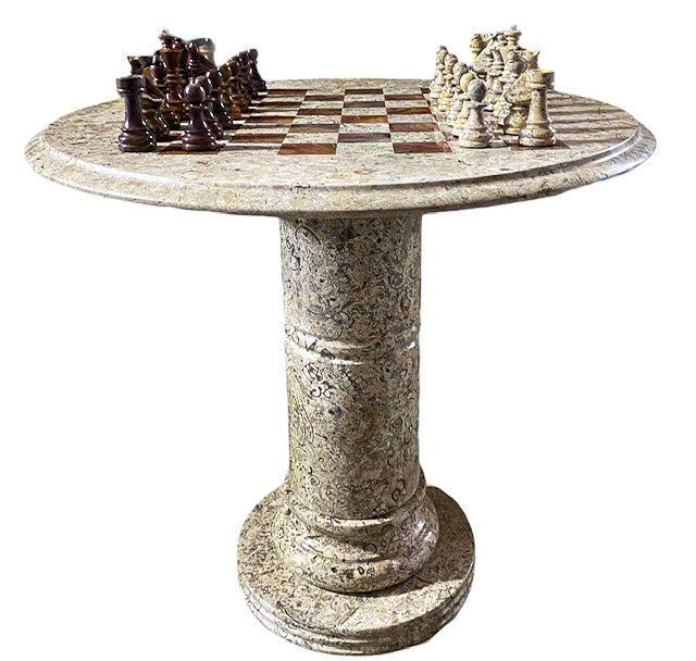 Marble Red and White Coral Chess Set with Fancy Chess Pieces and Table - 24"