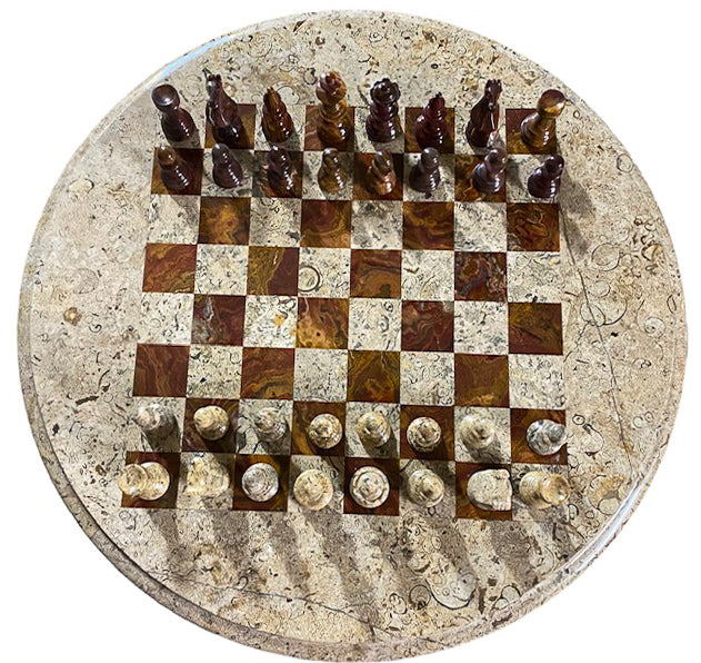 Marble Red and White Coral Chess Set with Fancy Chess Pieces and Table - 24"