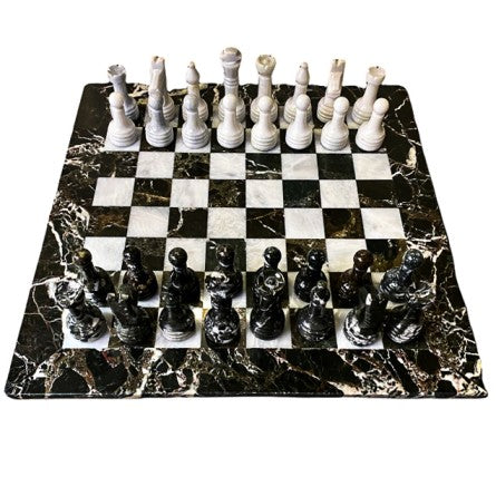 Black Zebra and White Marble Chess Set with Handmade Staunton Pieces and Blue Velvet Case - 12"